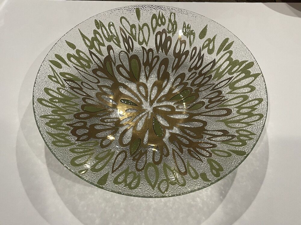RARE Vintage Dorothy Thorpe MCM Raindrops Round Bowl Gold & Green Crystal 14"